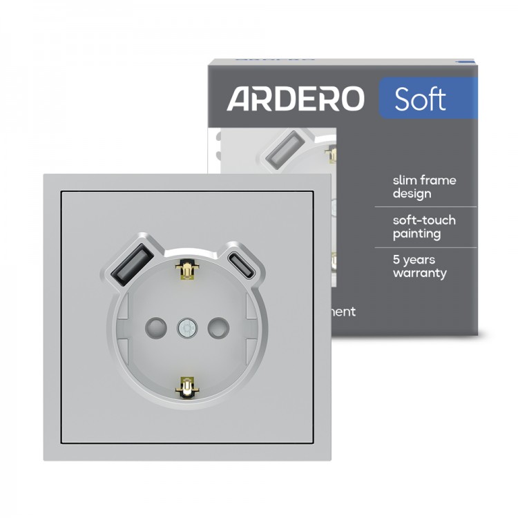 Розетка з додатковими виходами USB/Type-C Ardero ER123USB-S Soft 18W/20W із заземленням срібна