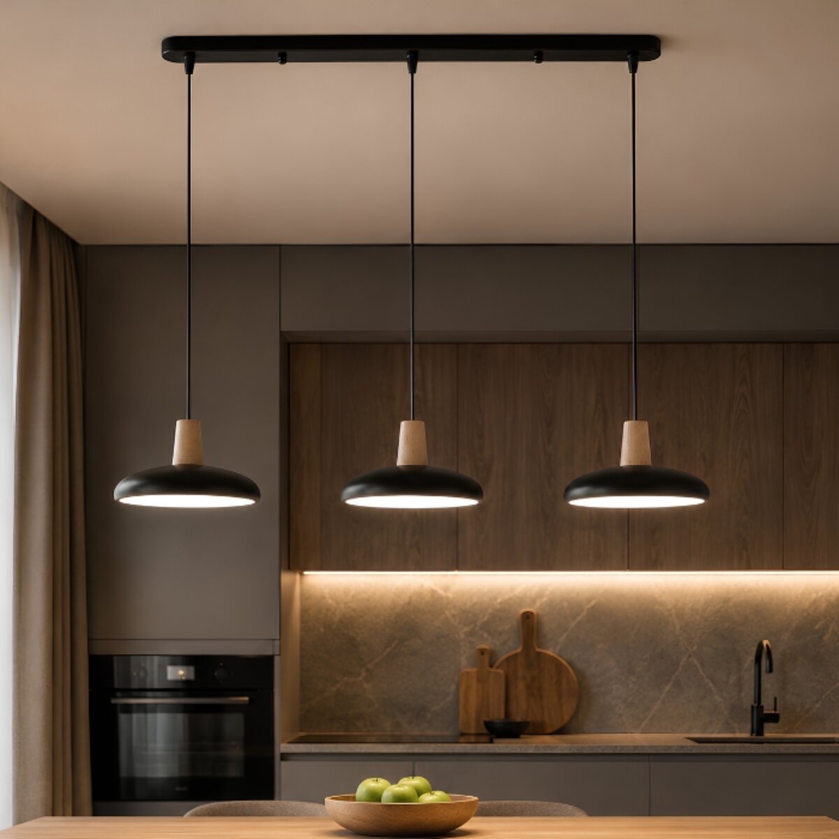 Підвісна LED люстра VALESO XI3342-3 чорний + дерево,3000K, 4200K, 6000K