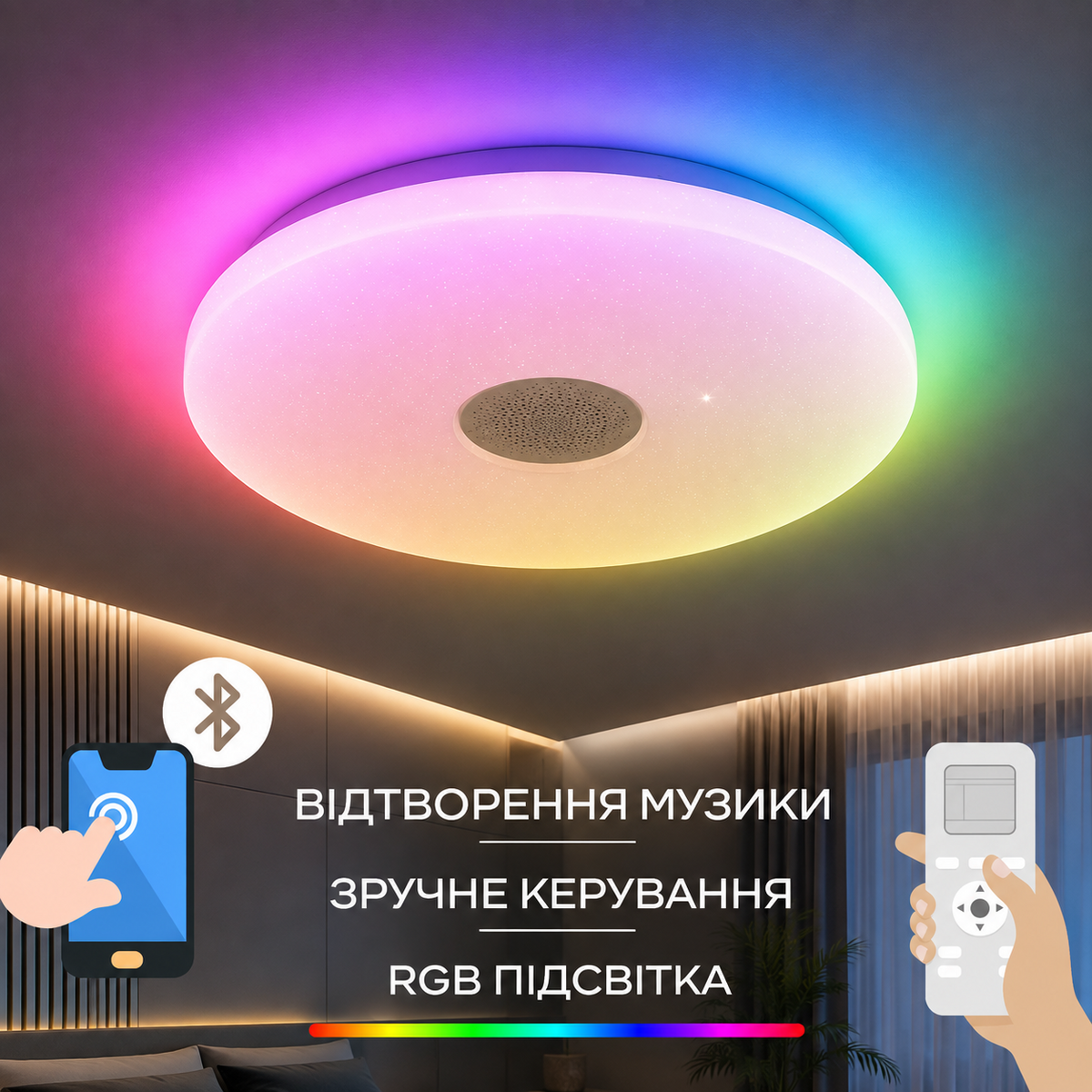 Світлодіодний музичний світильник смарт VALESO LY576-400 WH для вітальні та спальні 48W+5W RGB Білий